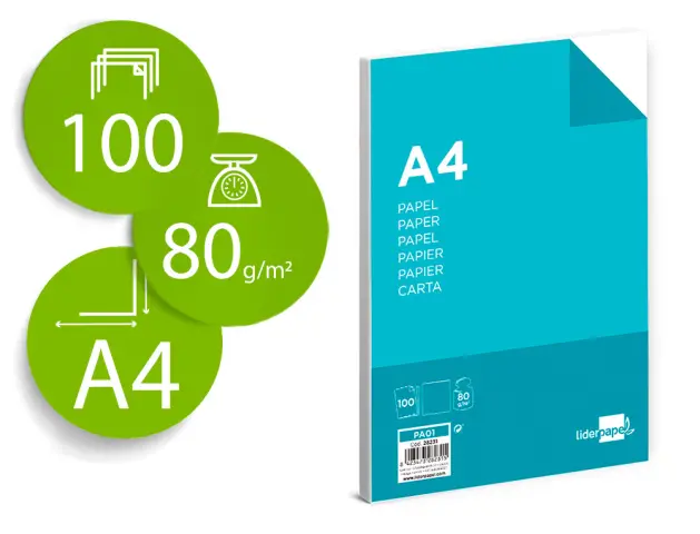 Imagen Papel liderpapel a4 80g/m2 paquete de 100 blanco.