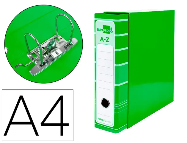Imagen Archivador de palanca liderpapel a4 filing system forrado sin rado lomo 80mm verdecon caja y compresor metalico
