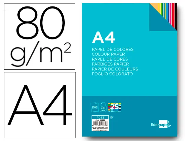 Imagen Papel color liderpapel a4 80g/m2 25 colores surtidos paquete de 100