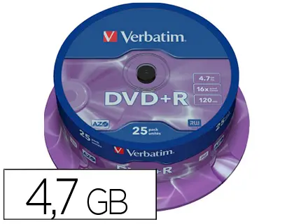 Imagen Dvd+r verbatim capacidad 4.7gb velocidad 16x 120 min tarrina de 25 unidades