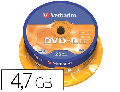 Imagen Dvd-r verbatim capacidad 4.7gb velocidad 16x 120 min tarrina de 25 unidades