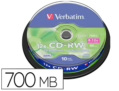 Imagen Cd-rw verbatim serl capacidad 700mb velocidad 12x 80 min tarrina de 10 unidades