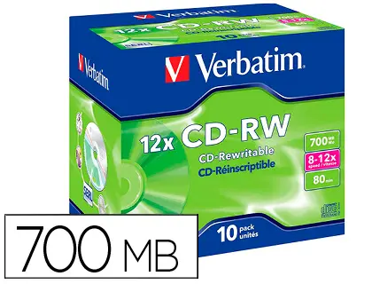 Imagen Cd-rw verbatim serl capacidad 700mb velocidad 12x 80 min pack de 10 unidades