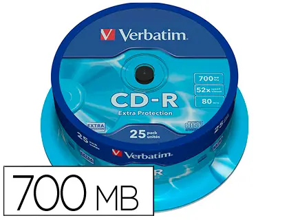 Imagen Cd-r verbatim capacidad 700mb velocidad 52x 80 min tarrina de 25 unidades