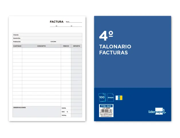 Imagen Talonario liderpapel facturas cuarto original t116 con i.g.i.c.