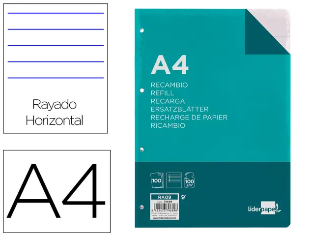 Imagen Recambio liderpapel a4 100 hojas 100 g/m2 rayado horizontal con margen 4 taladros