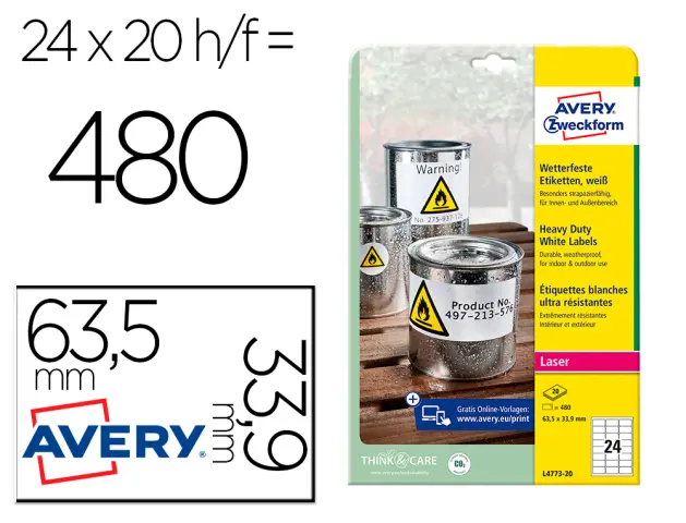 Imagen Etiqueta adhesiva avery poliester blanco 63,5x33,9 mm para impresora laser pack de 480 unidades