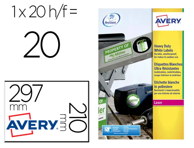 Imagen Etiqueta adhesiva avery poliester blanca 210 x 297 mm laser pack de 20 unidades