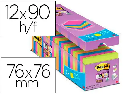 Imagen Bloc de notas adhesiva quita y pon post-it super sticky 76x76 mm 90 hojas colores surtidos pack de 21 + 3