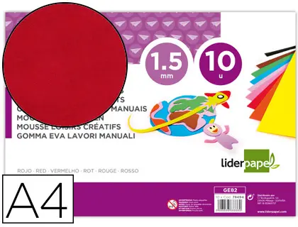 Imagen Goma eva liderpapel din a4 60g/m2 espesor 1,5mm rojo paquete de 10 hojas