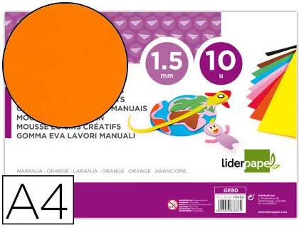 Imagen Goma eva liderpapel din a4 60g/m2 espesor 1,5mm naranja paquete de 10 hojas