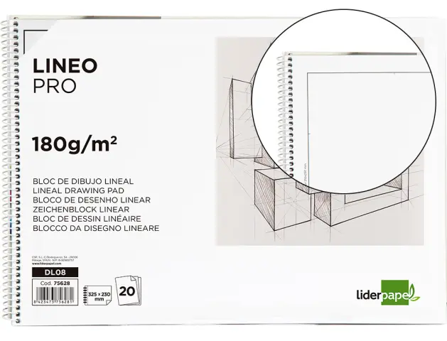 Imagen Bloc dibujo liderpapel lineal espiral 230x325mm 20 hojas 180 g/m2 con recuadro perforado