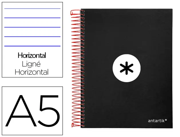 Imagen Cuaderno espiral liderpapel a5 micro antartik tapa forrada 120h 100 gr horizontal 5 bandas 6 taladros color negro