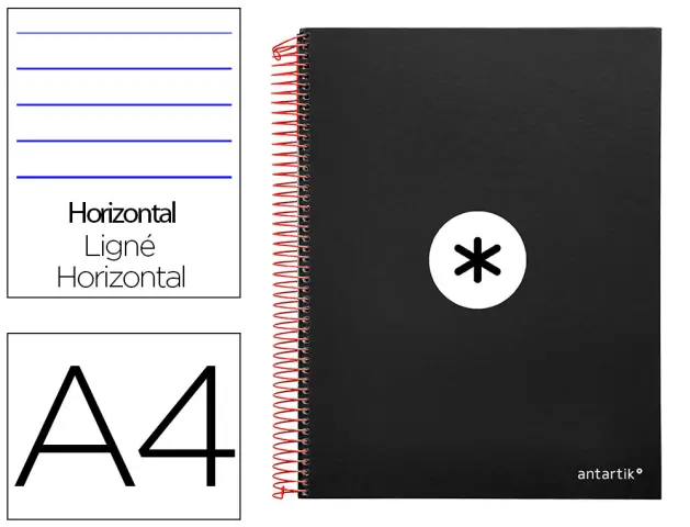 Imagen Cuaderno espiral liderpapel a4 micro antartik tapa forrada 120h 100 gr horizontal 5 bandas 4 taladros color negro