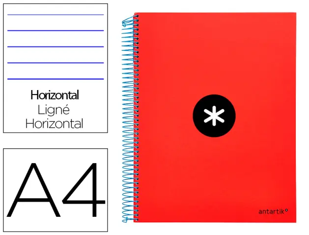 Imagen Cuaderno espiral liderpapel a4 micro antartik tapa forrada 120h 100 gr horizontal 5 bandas 4 taladros color rojo