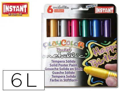 Imagen Tempera solida en barra playcolor pocket escolar caja de 6 colores metalizados