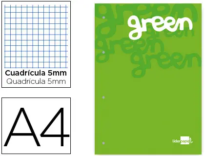 Imagen Bloc encolado liderpapel cuadro 5 mm verde a4 natural 100 hojas 100 g/m2