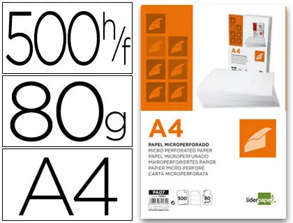 Imagen Papel liderpapel a4 80g/m2 paquete de 500 hojas blanco microperforado en tres partes iguales