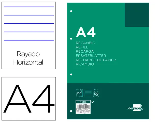 Imagen Recambio liderpapel a4 100 hojas 100 g/m2 rayado horizontal 4 taladros bandas de 5 colores