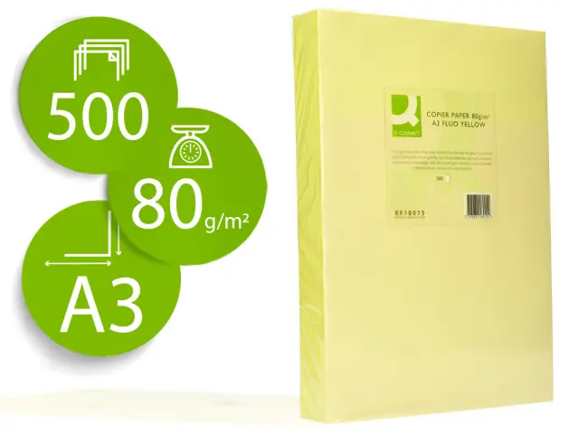 Imagen Papel color q-connect din a3 80gr amarillo neon paquete de 500 hojas