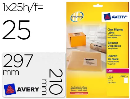 Imagen Etiqueta adhesivas avery din a4 imprimibles transparente 210x297 mm caja de 25 hojas con 25 etiquetas