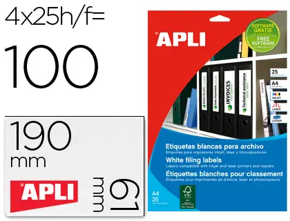 Imagen Etiqueta adhesiva apli 1233 tamao 190x61 mm para fotocopiadora laser ink-jet caja 25 hojas con 100