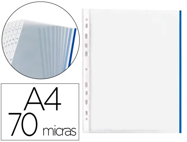 Imagen Funda multitaladro q-connect din a4 70 mc pp cristal con borde azul bolsa de 10 uds