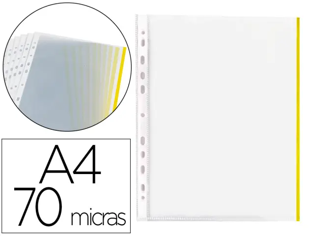 Imagen Funda multitaladro q-connect din a4 70 mc pp cristal con borde amarillo bolsa de 10 uds