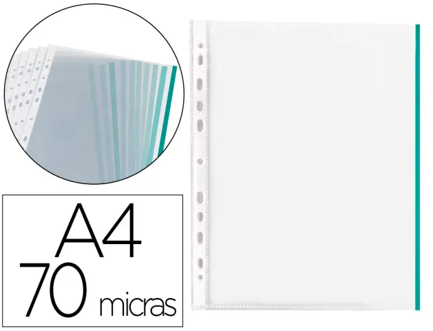 Imagen Funda multitaladro q-connect din a4 70 mc pp cristal con borde verde bolsa de 10 uds