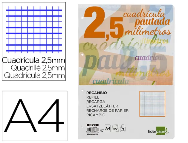 Imagen Recambio liderpapel folio pautaguia 100 hojas 80 g cuadriculado pautado 2,5 mm con margen 4 taladros