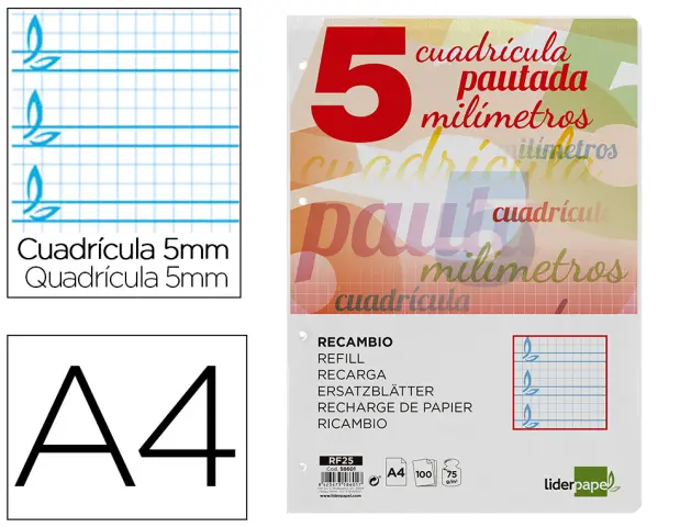 Imagen Recambio liderpapel folio pautaguia 100 hojas 75 g cuadriculado pautado 5 mm con margen 4 taladros