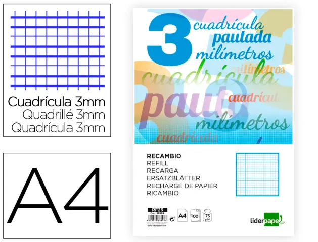 Imagen Recambio liderpapel folio pautaguia 100 hojas 75 g cuadriculado pautado 3 mm con margen 4 taladros