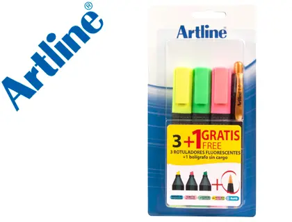 Imagen Rotulador artline fluorescente ek-660 blister de 3 unidades + 1 boligrafo serie 7000 sin cargo