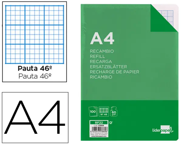 Imagen Recambio liderpapel folio 100 hojas 60g/m2rayado n46 4 taladros