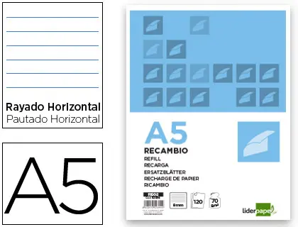 Imagen Recambio liderpapel a5 120 hojas 80g/m2 horizontal sin margen 6 taladros bandas de 5 colores