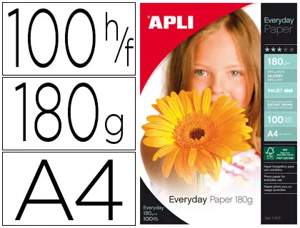 Imagen Papel fotografico apli glossy din a4 pack 100 hojas de 180 grs