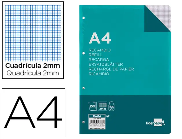 Imagen Recambio liderpapel a4 100 hojas 100g/m2 cuadro 2mm con margen 4 taladros