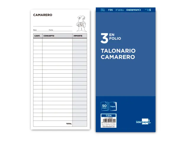 Imagen Talonario liderpapel camarero 3/f original y 2 copias t314