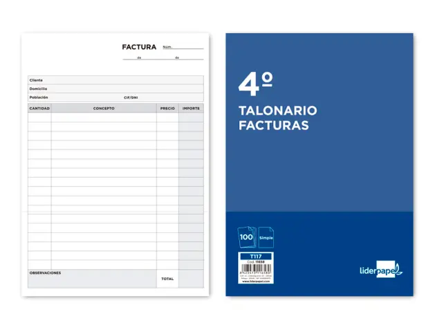 Imagen Talonario liderpapel facturas cuarto original t117 sin i.v.a