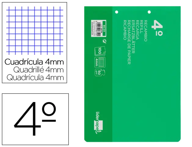 Imagen Recambio liderpapel cuarto apaisado 100 h 2tca-01 cuadro 4 mm 2 taladros con margen