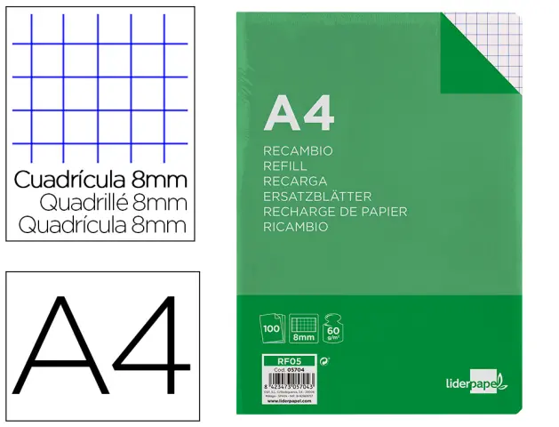 Imagen Recambio liderpapel folio 100 h 4tf-08 cuadro 8 mm 4 taladros con margen