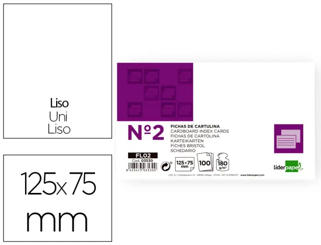 Imagen Ficha liderpapel lisa n2 75 x 125mm paquete de 100 180g