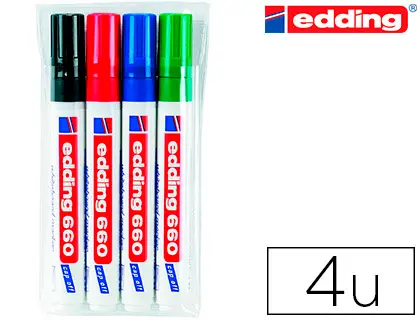 Imagen Rotulador edding para pizarra blanca 660 blister de 4 unidades colores surtidos recargable