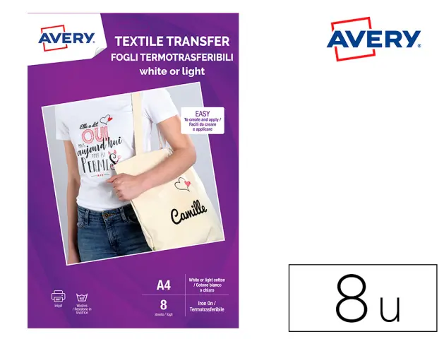 Imagen Papel transfer avery para camisetas algodon color blanco ink-jet din a4 pack de 5 hojas