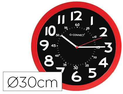 Imagen Reloj q-connect de pared plastico oficina redondo 30 cm color rojo y esfera color negro