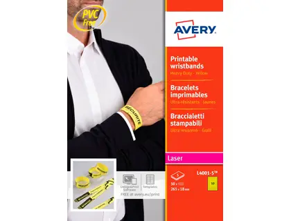 Imagen Pulsera identificativa avery polietileno amarillo fluorescente imprimible laser 265x18 mm pack de 50 unidades