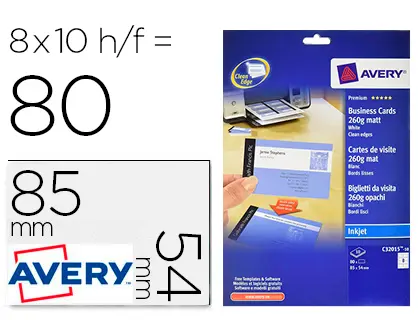 Imagen Tarjeta de visita avery blanca mate 85x54 mm imprimible doble cara para ink-jet 260 gr pack de 80