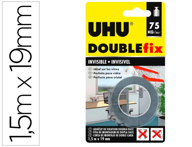 Imagen Cinta adhesiva uhu doublefix invisible doble cara extra fuerte 1,5 m x 19 mm