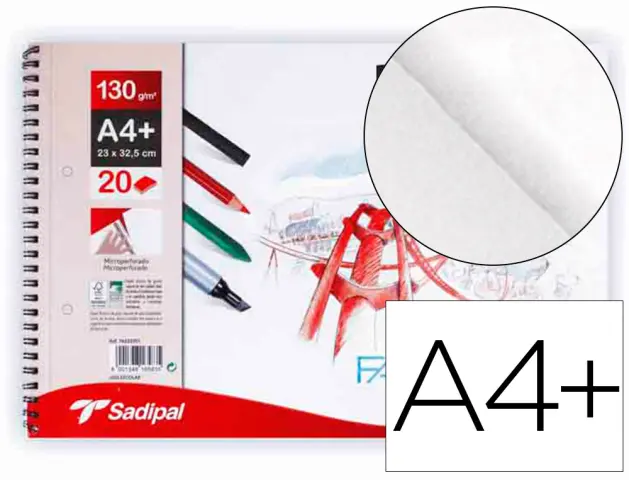 Imagen Bloc dibujo sadipal fabriano din a4+ espiral 20 hojas 2 taladros 130g/m2 grano suave microperforado liso