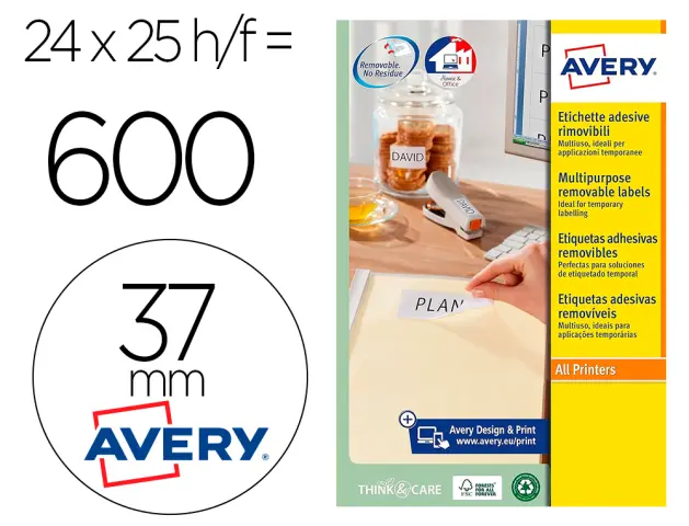 Imagen Etiqueta adhesiva avery blanca redonda removible para impresora laser inyeccion tinta fotocopiadora 51 mm